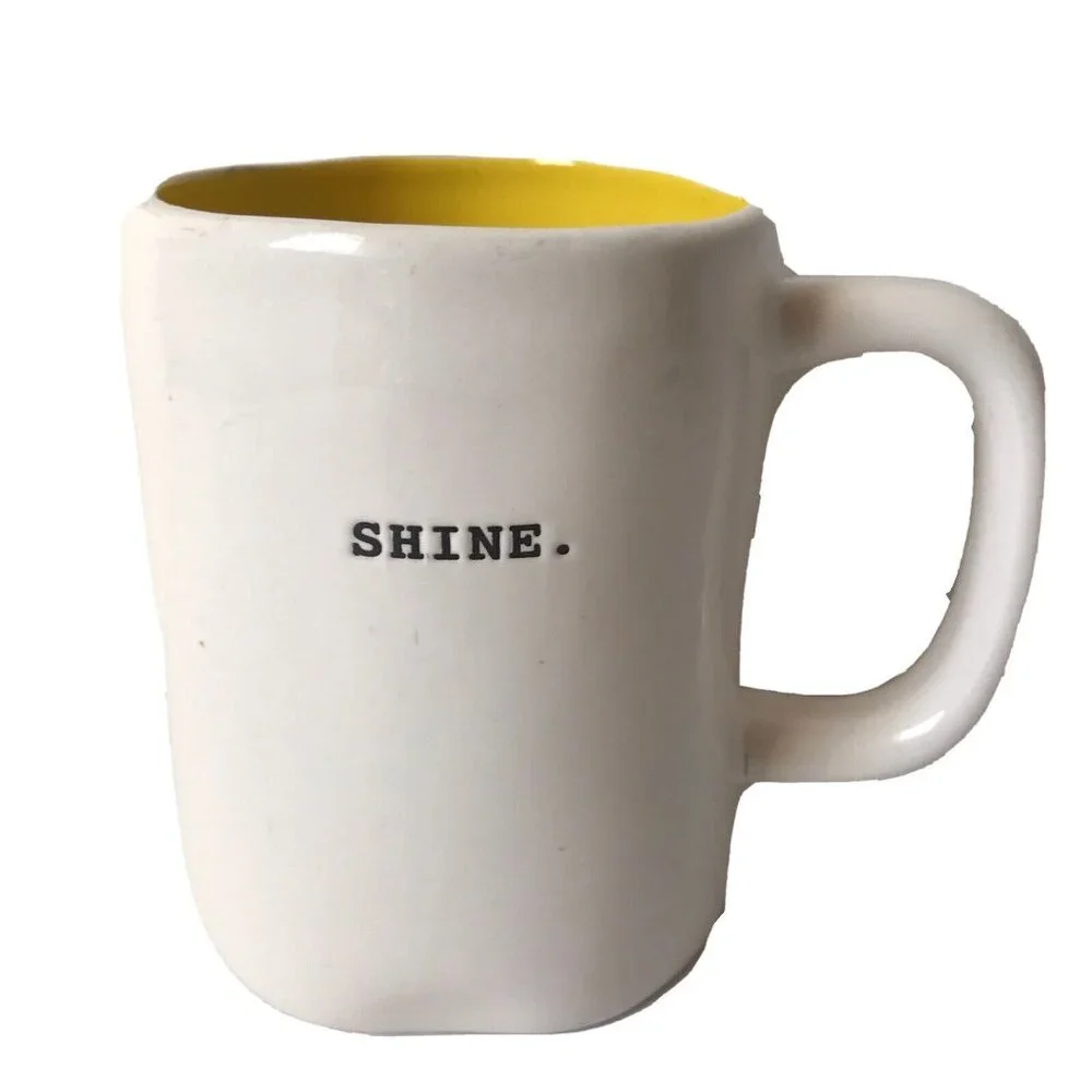 Rae Dunn Magenta white SHINE ceramic mug yellow inside w/handle coffee tea 16 oz